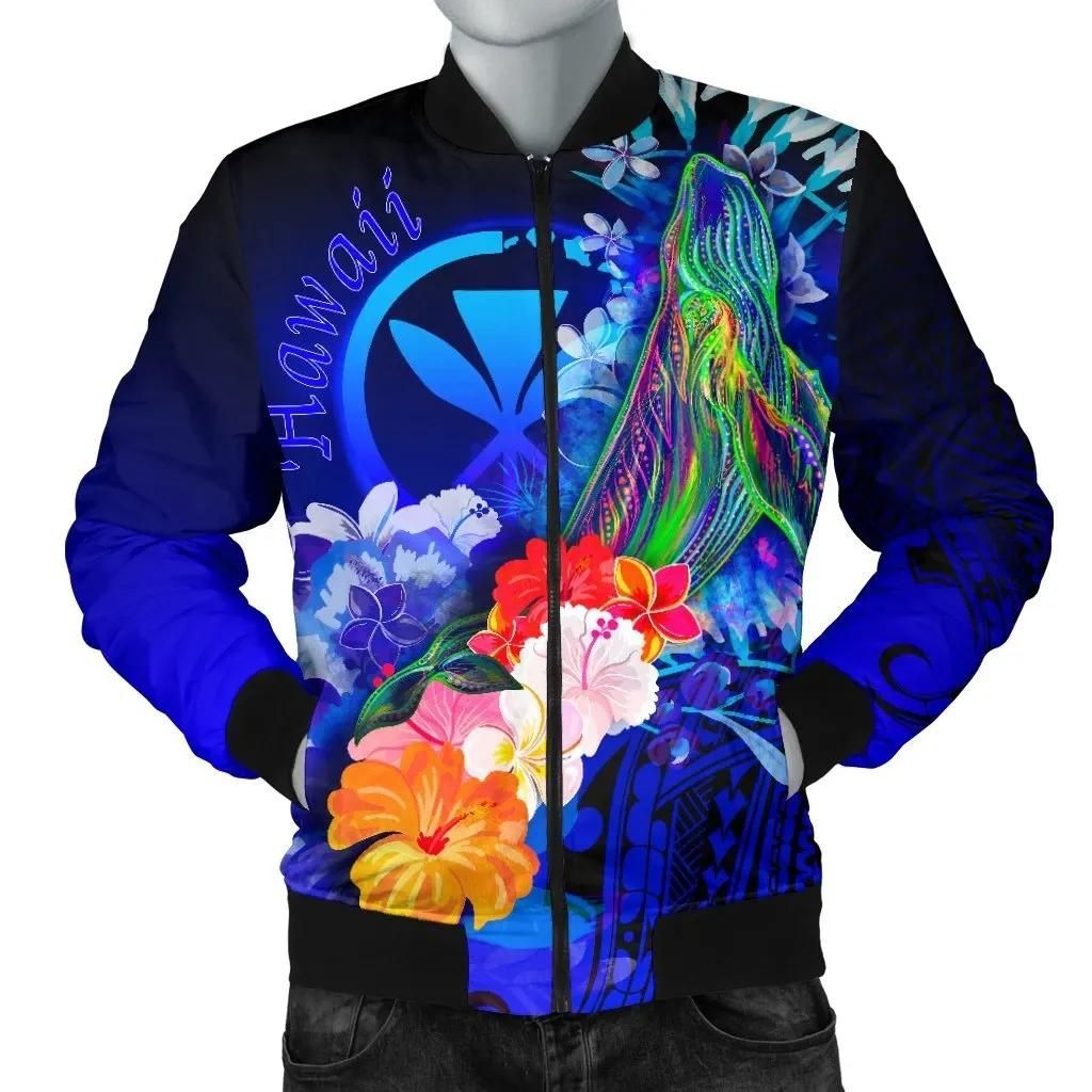 Polynesian Hawaii Men's Bomber Jacket - Kanaka Maoli Humpback Whale with Tropical Flowers (Blue)- BN18 Bomber Jacket Polynesian Hawaii Men's Bomber Jacket - Kanaka Maoli Humpback Whale with Tropical Flowers (Blue)- BN18 Bomber Jacket