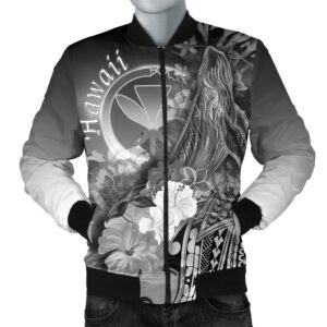 Polynesian Hawaii Men's Bomber Jacket - Kanaka Maoli Humpback Whale with Tropical Flowers (White)- BN18 Bomber Jacket