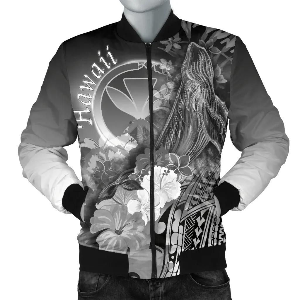 Polynesian Hawaii Men's Bomber Jacket - Kanaka Maoli Humpback Whale with Tropical Flowers (White)- BN18 Bomber Jacket Polynesian Hawaii Men's Bomber Jacket - Kanaka Maoli Humpback Whale with Tropical Flowers (White)- BN18 Bomber Jacket