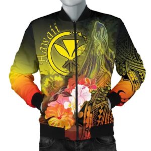 Polynesian Hawaii Men's Bomber Jacket - Kanaka Maoli Humpback Whale with Tropical Flowers (Yellow)- BN18 Bomber Jacket