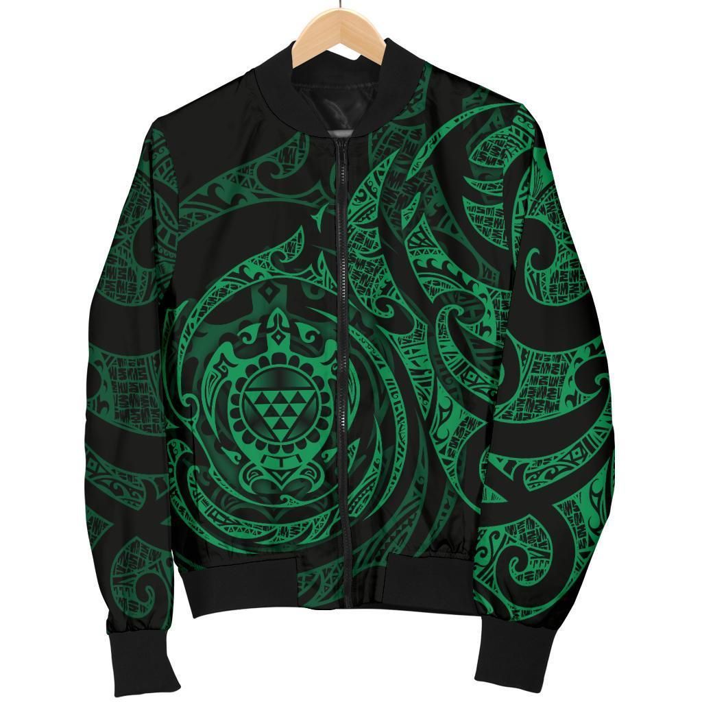 Polynesian Hawaii Women's Bomber Jacket - Green Turtle Tribal - BN12 Bomber Jacket Polynesian Hawaii Women's Bomber Jacket - Green Turtle Tribal - BN12 Bomber Jacket