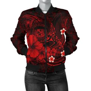 Polynesian Hawaii Women's Bomber Jacket - Humpback Whale with Hibiscus (Red) - BN15 Bomber Jacket