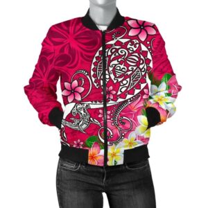 Polynesian Women's Bomber Jacket - Turtle Plumeria Pink Color - BN18 Bomber Jacket