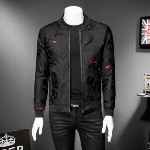 Puff Jacquard Black Men Slim Bomber Jacket