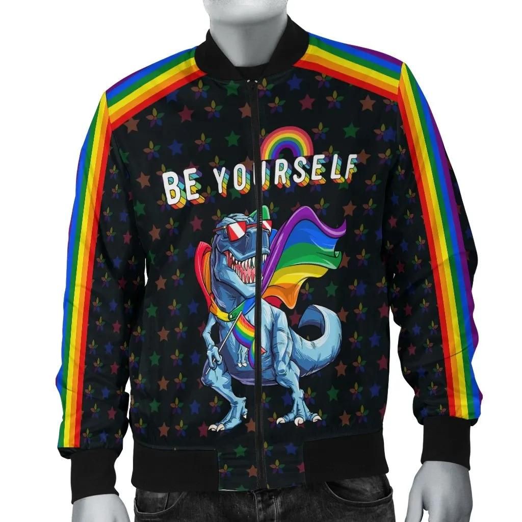 Rainbowrains Men's Bomber Jacket - LGBT T-Rex - BN24 Bomber Jacket Rainbowrains Men's Bomber Jacket - LGBT T-Rex - BN24 Bomber Jacket