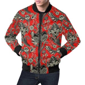 Red Paisley Pattern Print Mens Bomber Jacket