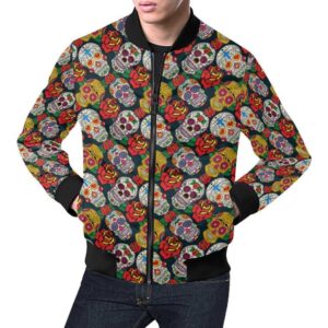 Rose Sugar Skull Skeleton Girly Floral Pattern Print Mens Bomber Jacket
