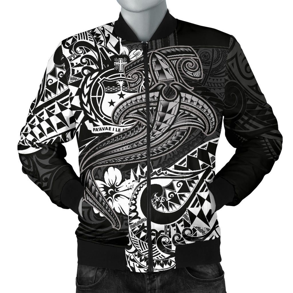 Samoa Men's Bomber Jacket - White Shark Polynesian Tattoo - BN18 Bomber Jacket Samoa Men's Bomber Jacket - White Shark Polynesian Tattoo - BN18 Bomber Jacket