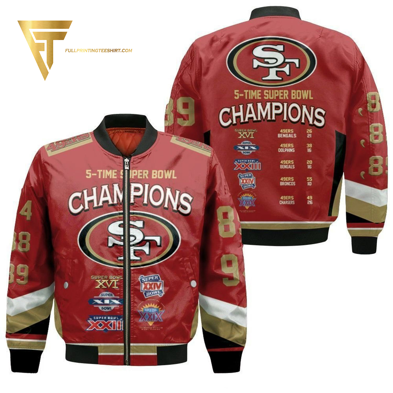 San Francisco 49Ers 5 Time Super Bowl Champions Full Printing Bomber Jacket San Francisco 49Ers 5 Time Super Bowl Champions Full Printing Bomber Jacket