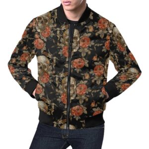 Skeleton Sugar Skull Girly Floral Rose Pattern Print Mens Bomber Jacket