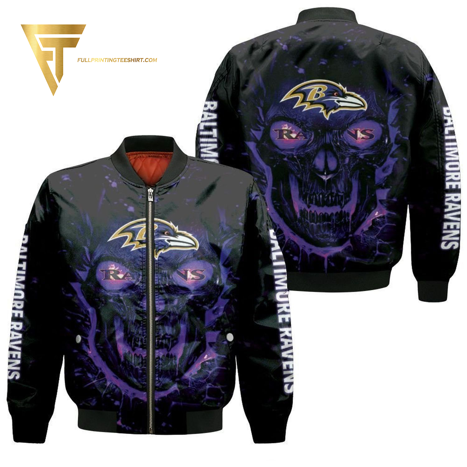Skull Baltimore Ravens Full Print Bomber Jacket Skull Baltimore Ravens Full Print Bomber Jacket