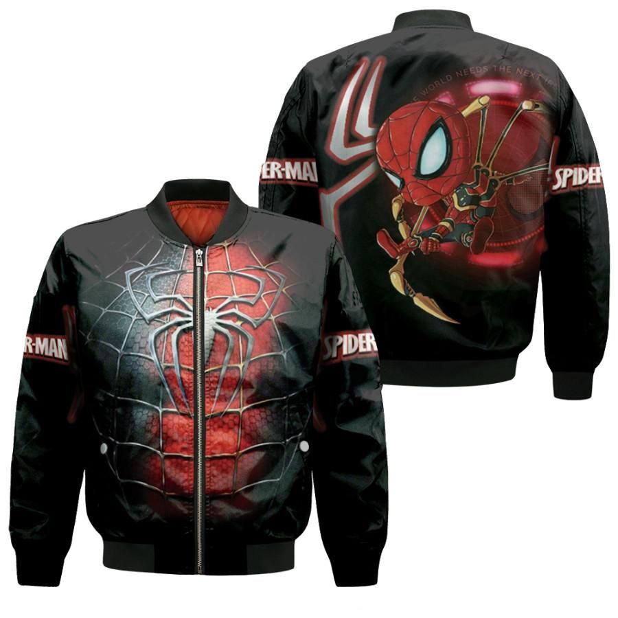 Spider Man No Way Home Iron Spider Suit Costume Chibi Version 3D Designed Allover Gift For Spider Man Fans Bomber Jacket Spider Man No Way Home Iron Spider Suit Costume Chibi Version 3D Designed Allover Gift For Spider Man Fans Bomber Jacket
