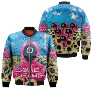 Squid Game Pink Guards Sunflowers Circle Logo Squid Game Workers Squid Game Soldiers gift for Squid Game fans Bomber Jacket