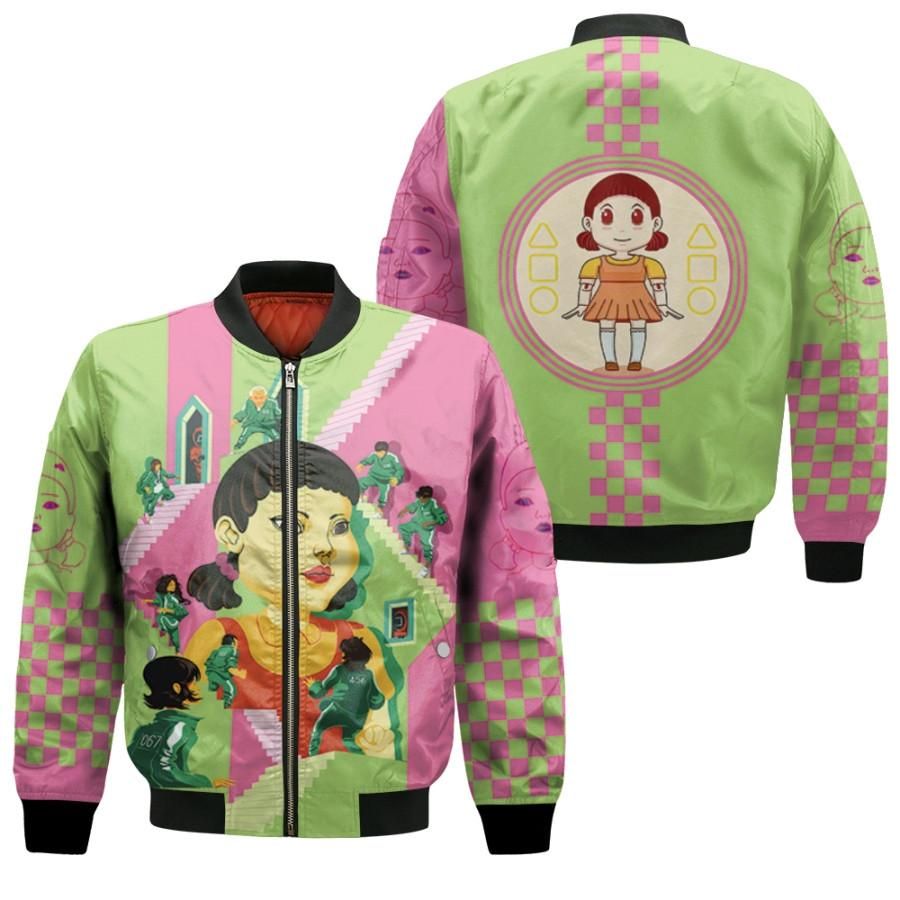 Squid Game Scary Doll Red Light Green Light Guards Stairs K Drama Series Survival Squid Game gift for Squid Game lovers Bomber Jacket Squid Game Scary Doll Red Light Green Light Guards Stairs K Drama Series Survival Squid Game gift for Squid Game lovers Bomber Jacket