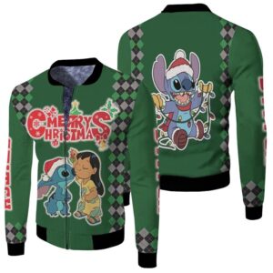 Stitch Christmas A Kiss From Lilo Relaxing Fairy Lights Green 3D Designed Allover Gift For Stitch Fans Christmas Fans Bomber Jacket