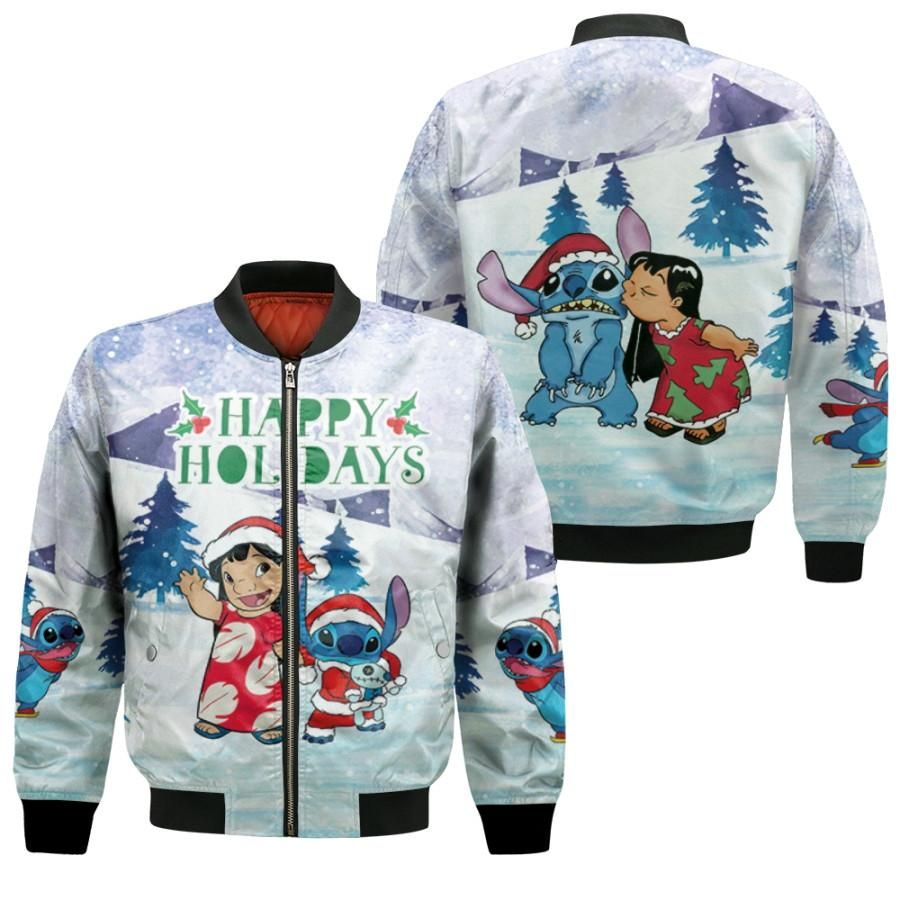 Stitch Christmas Happy Holidays Lilo Together Light Blue 3D Designed Allover Gift For Stitch Fans Christmas Fans Bomber Jacket Stitch Christmas Happy Holidays Lilo Together Light Blue 3D Designed Allover Gift For Stitch Fans Christmas Fans Bomber Jacket