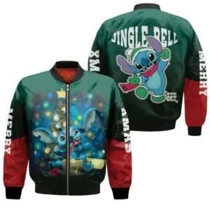 Stitch Christmas Jingle Bell Opening Gift Christmas Dark Green 3D Designed Allover Gift For Stitch Fans Christmas Fans Bomber Jacket