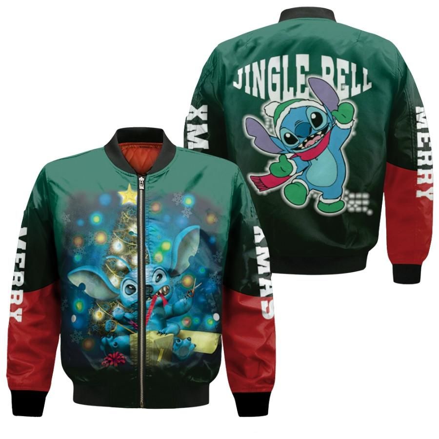 Stitch Christmas Jingle Bell Opening Gift Christmas Dark Green 3D Designed Allover Gift For Stitch Fans Christmas Fans Bomber Jacket Stitch Christmas Jingle Bell Opening Gift Christmas Dark Green 3D Designed Allover Gift For Stitch Fans Christmas Fans Bomber Jacket