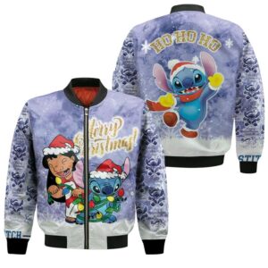 Stitch Christmas Lilo Hohoho Christmas Fairy Lights Blue 3D Designed Allover Gift For Stitch Fans Christmas Fans Bomber Jacket