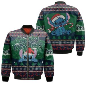 Stitch Christmas Santa Merry Christmas Candy Cane Green Black 3D Designed Allover Gift For Stitch Fans Christmas Fans Bomber Jacket
