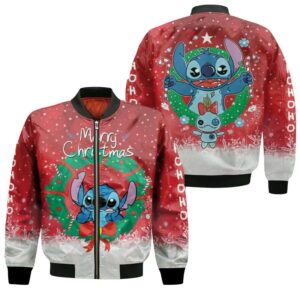 Stitch Christmas Santa Merry Christmas Wreath Red 3D Designed Allover Gift For Stitch Fans Christmas Fans Bomber Jacket