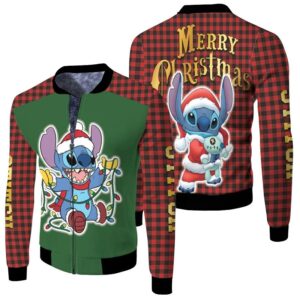 Stitch Christmas Stitch Santa Christmas Fairy Lights Red Plaid Green 3D Designed Allover Gift For Stitch Fans Christmas Fans Bomber Jacket