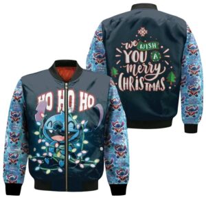 Stitch Christmas We Wish You A Merry Christmas Hohoho Black 3D Designed Allover Gift For Stitch Fans Christmas Fans Bomber Jacket
