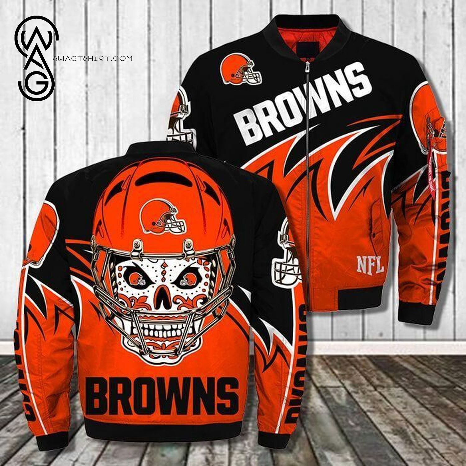 Sugar Skull Cleveland Browns All Over Printed Bomber Jacket Sugar Skull Cleveland Browns All Over Printed Bomber Jacket