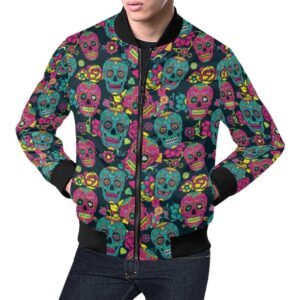 Sugar Skull Girly Skeleton Floral Pattern Print Mens Bomber Jacket