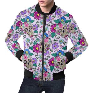 Sugar Skull Skeleton Girly Floral Pattern Print Mens Bomber Jacket