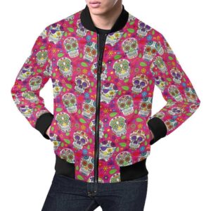Sugar Skull Skeleton Girly Floral Pirate Pattern Print Mens Bomber Jacket