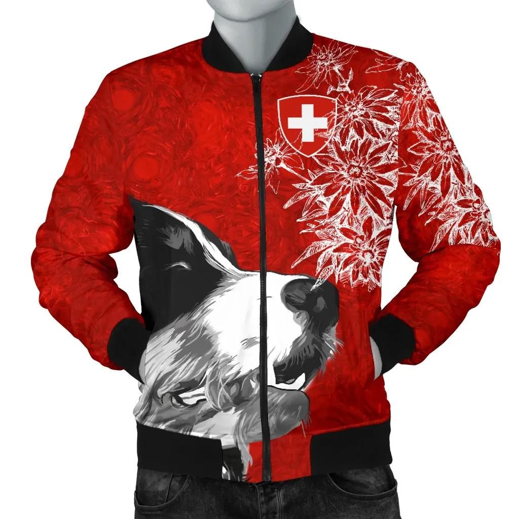 Switzerland Men's Bomber Jacket Bernese Mountain Dog and Edelweiss A7 Bomber Jacket Switzerland Men's Bomber Jacket Bernese Mountain Dog and Edelweiss A7 Bomber Jacket