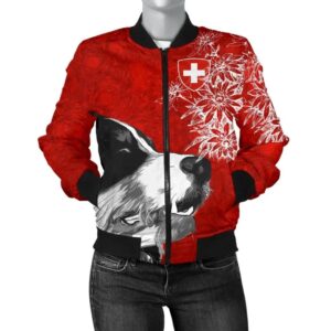 Switzerland Women's Bomber Jacket Bernese Mountain Dog and Edelweiss A7 Bomber Jacket