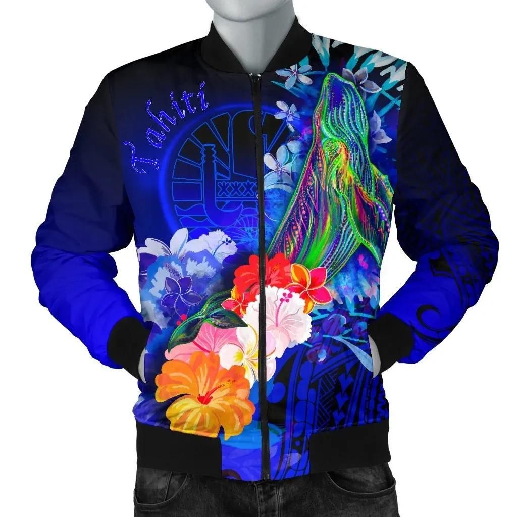 Tahiti Men's Bomber Jacket - Humpback Whale with Tropical Flowers (Blue)- BN18 Bomber Jacket Tahiti Men's Bomber Jacket - Humpback Whale with Tropical Flowers (Blue)- BN18 Bomber Jacket