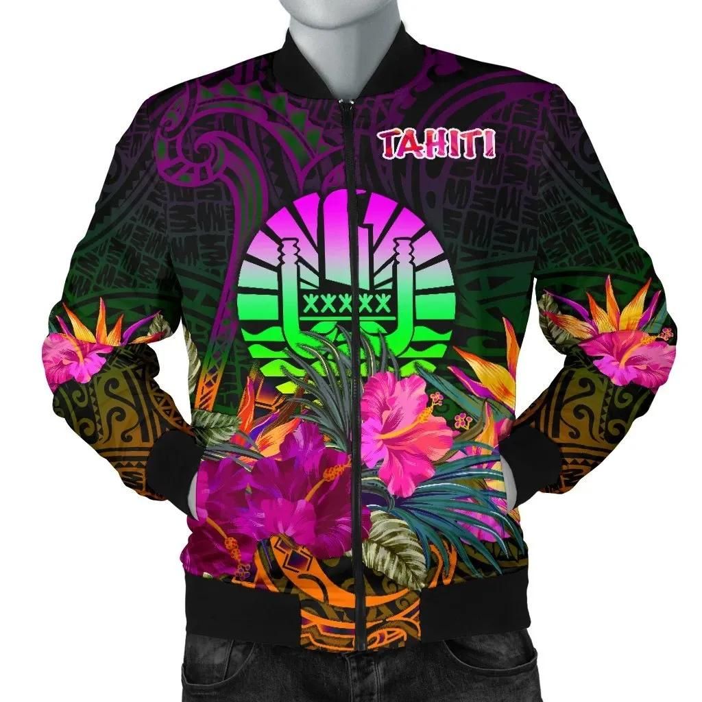 Tahiti Men's Bomber Jacket - Summer Hibiscus - bn15 Bomber Jacket Tahiti Men's Bomber Jacket - Summer Hibiscus - bn15 Bomber Jacket