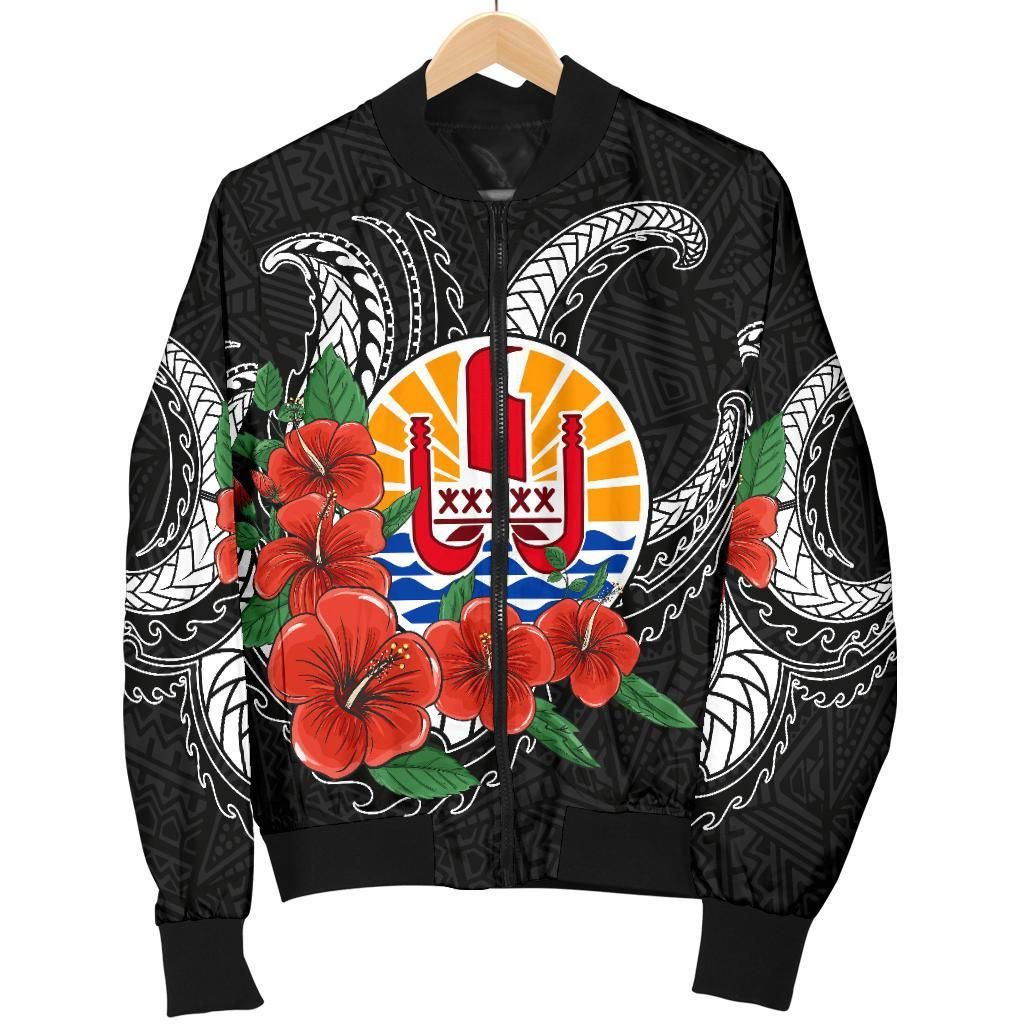 Tahiti Polynesian Men Bomber Jacket - Hibiscus Coat of Arm Black - BN11 Bomber Jacket Tahiti Polynesian Men Bomber Jacket - Hibiscus Coat of Arm Black - BN11 Bomber Jacket