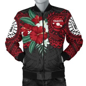 Tahiti Polynesian Men's Bomber Jacket - Hibiscus and Sea Turtle (Red) - BN15 Bomber Jacket