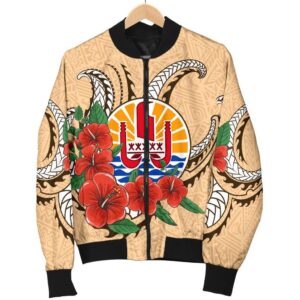 Tahiti Polynesian Women Bomber Jacket - Hibiscus Coat of Arm Beige - BN11 Bomber Jacket