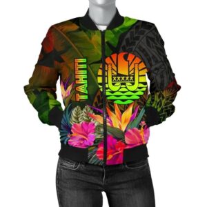 Tahiti Polynesian Women's Bomber Jacket -  Hibiscus and Banana Leaves - BN15 Bomber Jacket