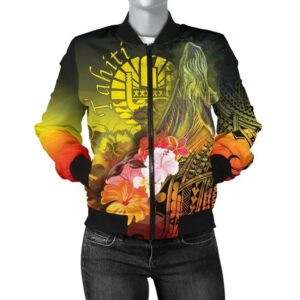 Tahiti Women's Bomber Jacket - Humpback Whale with Tropical Flowers (Yellow)- BN18 Bomber Jacket