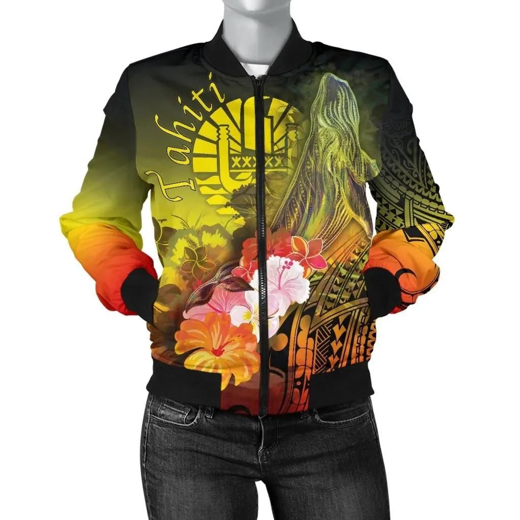 Tahiti Women's Bomber Jacket - Humpback Whale with Tropical Flowers (Yellow)- BN18 Bomber Jacket Tahiti Women's Bomber Jacket - Humpback Whale with Tropical Flowers (Yellow)- BN18 Bomber Jacket