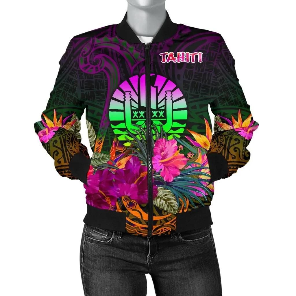 Tahiti Women's Bomber Jacket - Summer Hibiscus - bn15 Bomber Jacket Tahiti Women's Bomber Jacket - Summer Hibiscus - bn15 Bomber Jacket