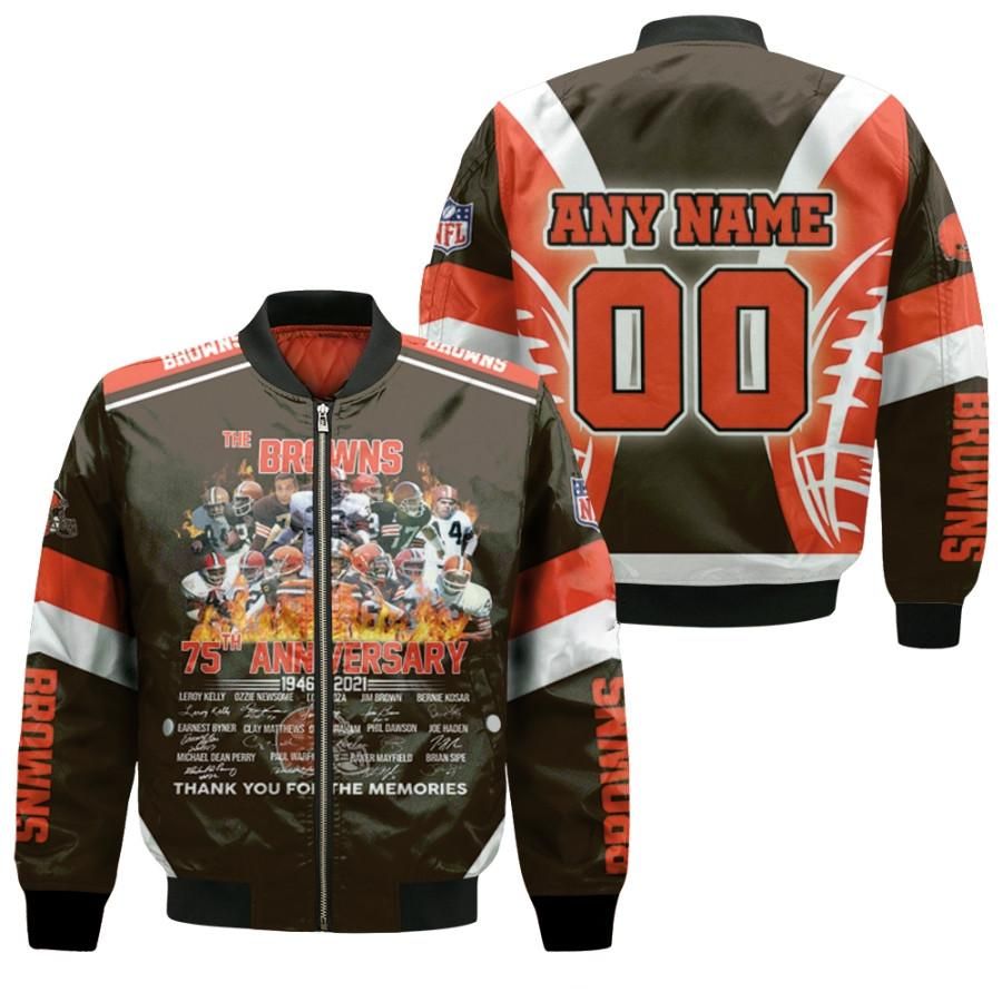 The Browns 75th Anniversary 1946 2021 Thank You For The Memories 3D Designed Allover Gift With Custom Name Number For Browns Fans Bomber Jacket The Browns 75th Anniversary 1946 2021 Thank You For The Memories 3D Designed Allover Gift With Custom Name Number For Browns Fans Bomber Jacket