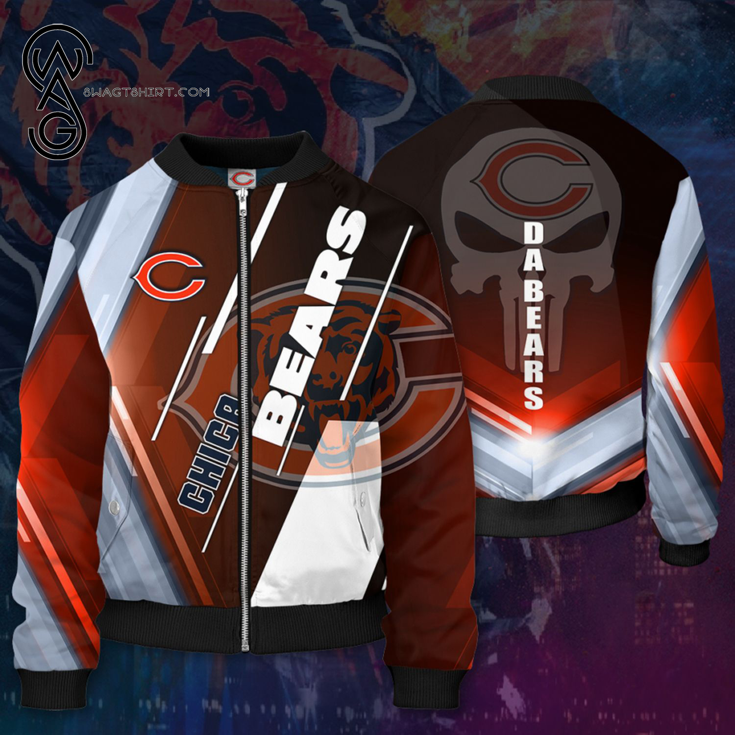 The Chicago Bears Skull All Over Printed Bomber Jacket The Chicago Bears Skull All Over Printed Bomber Jacket