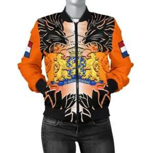 The Netherlands Women's Bomber Jacket - Coat Of Arm With Lion And Tulip Flowers - BN18 Bomber Jacket