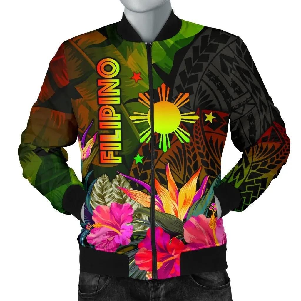 The Philippines Polynesian Men's Bomber Jacket - Hibiscus and Banana Leaves - BN15 Bomber Jacket The Philippines Polynesian Men's Bomber Jacket - Hibiscus and Banana Leaves - BN15 Bomber Jacket