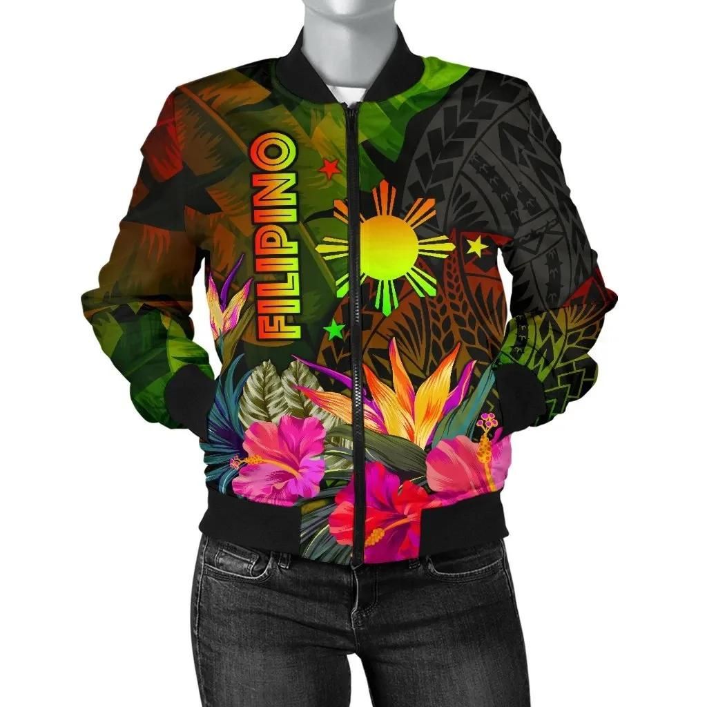 The Philippines Polynesian Women's Bomber Jacket - Hibiscus and Banana Leaves - BN15 Bomber Jacket The Philippines Polynesian Women's Bomber Jacket - Hibiscus and Banana Leaves - BN15 Bomber Jacket