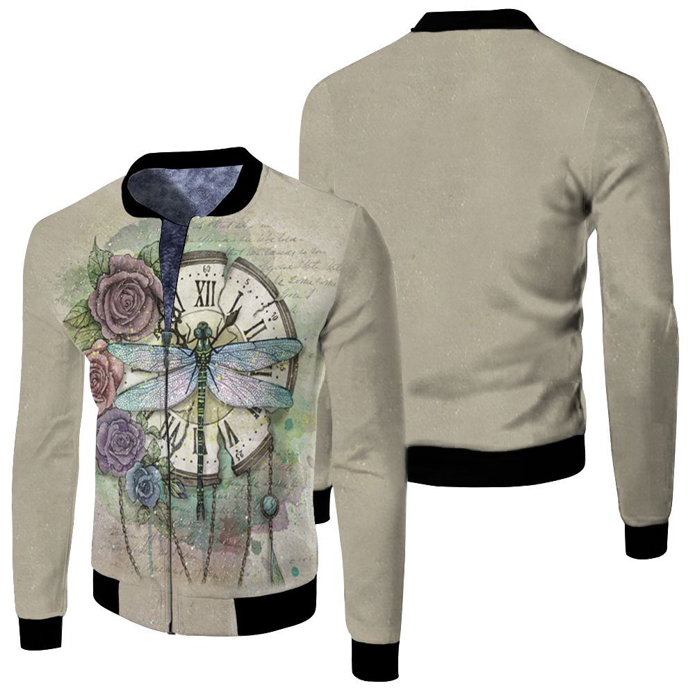 Time Flies Dragonfly Rose Clock 3D Bomber Jacket Time Flies Dragonfly Rose Clock 3D Bomber Jacket