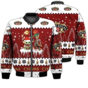 Tis The Season Christmas 2022 Baby Yoda Groot Santa Claus Deer Unisex Gift Chivas Regal Whiskey 3D Bomber Jacket