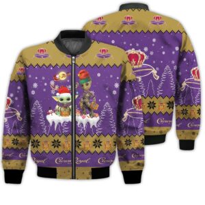 Tis The Season Christmas 2022 Baby Yoda Groot Santa Claus Deer Unisex Gift Crown Royal Whiskey 3D Bomber Jacket